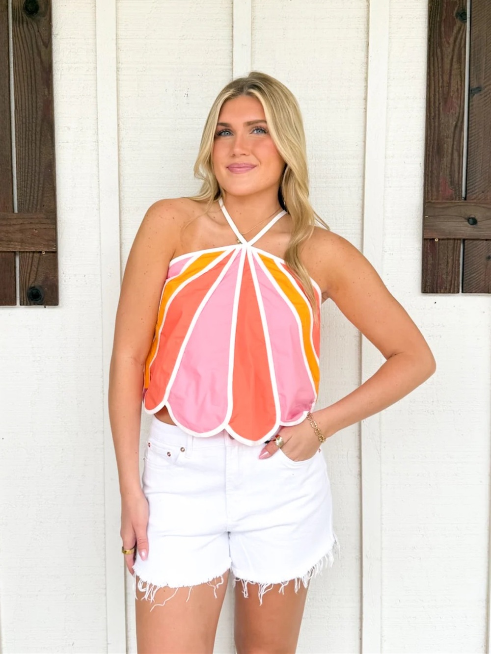 Clementine Striped Halter Shell Top in Pink, Coral & Yellow - TCEC